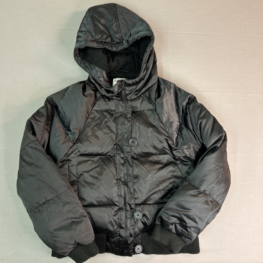 Old Navy Womens Medium Down Puffer Coat Hood Black Satin Feel Quilted Jacket